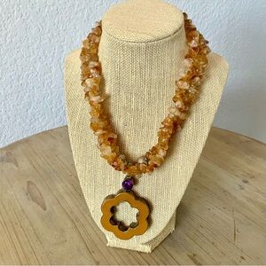 Double Strand Citrine Chip Necklace with Glass and Amethyst Pendant 925 Silver